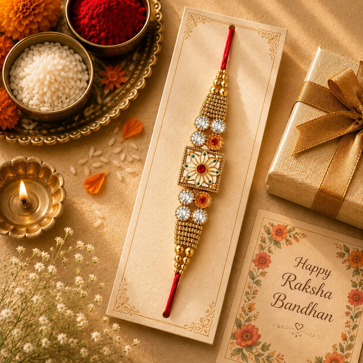 Kundan Floral Rakhi 1 Pc