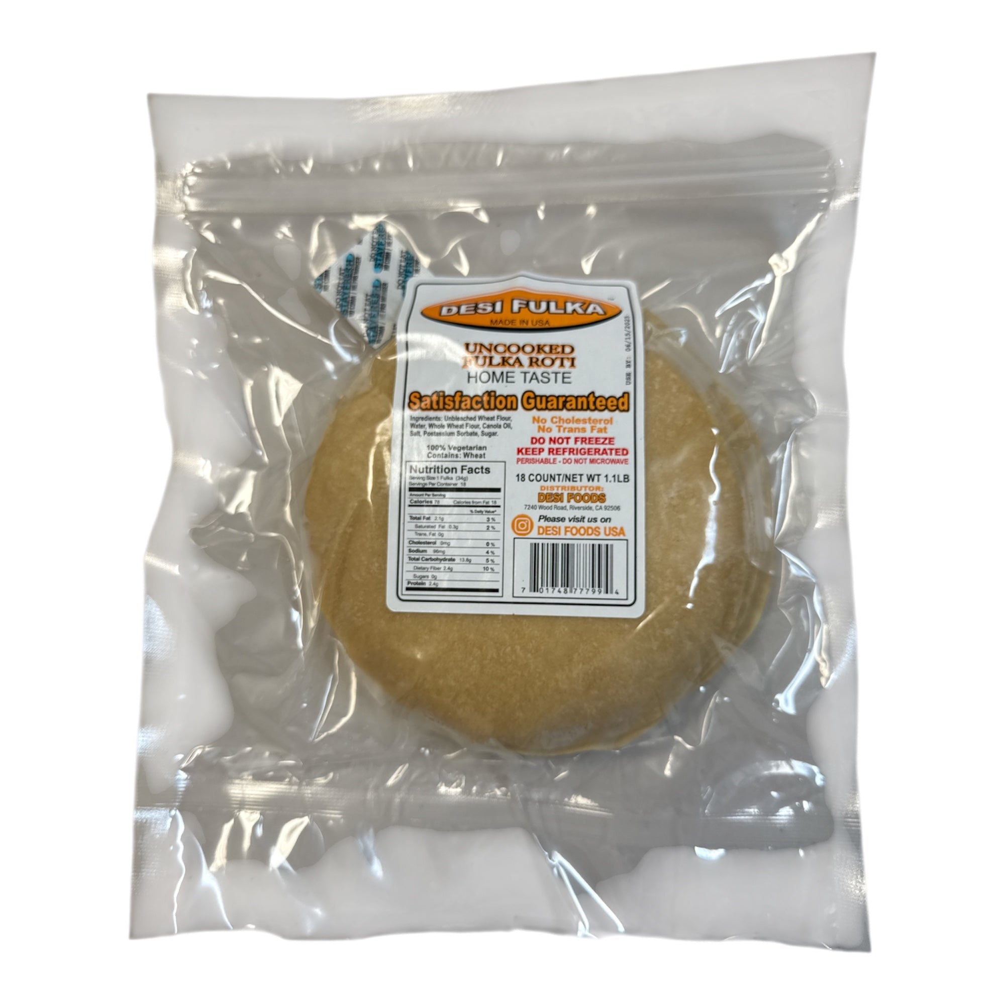 Desi Fulkha/ Phulka Roti Uncooked 18 ct