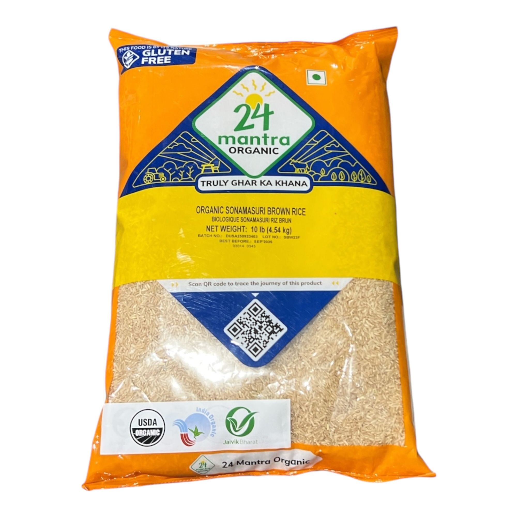 24M Organic Sona Masuri Brown rice 10 LB